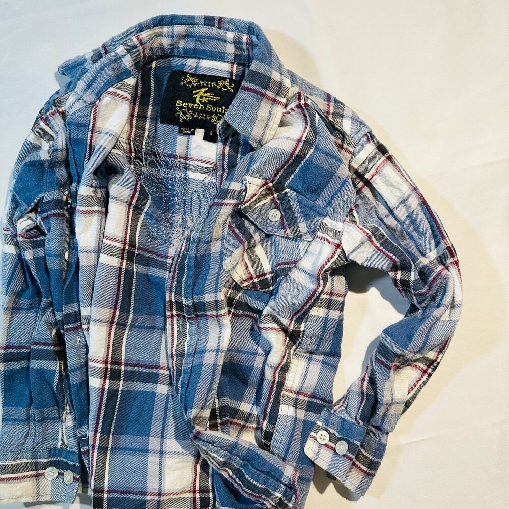 7s Seven Souls Fleur De Lis Embroidered Plaid Flannel Button Up Sz 4